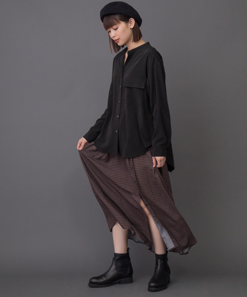 Munich（ミューニック）の「シルキーピーチブロード　バンドカラーシャツ（シャツ/ブラウス・レディース・ブラック/オートミール/カーキ/ダークオレンジ・FREE）」の10枚目の写真