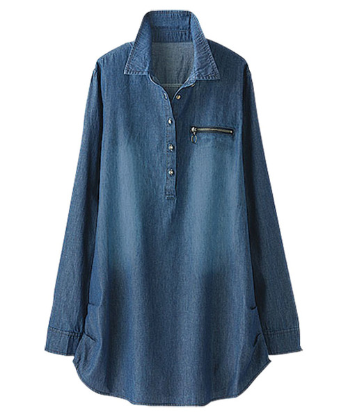 BELLUNA（ベルーナ）の「デニム素材ジッパーデザインチュニック（シャツ/ブラウス・レディース・ケミカルウォッシュ/インディゴブルー/サックスブルー・MEDIUM/LARGE/XX-LARGE/X-LARGE）」の3枚目の写真