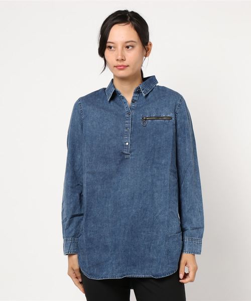 BELLUNA（ベルーナ）の「デニム素材ジッパーデザインチュニック（シャツ/ブラウス・レディース・ケミカルウォッシュ/インディゴブルー/サックスブルー・MEDIUM/LARGE/XX-LARGE/X-LARGE）」の6枚目の写真