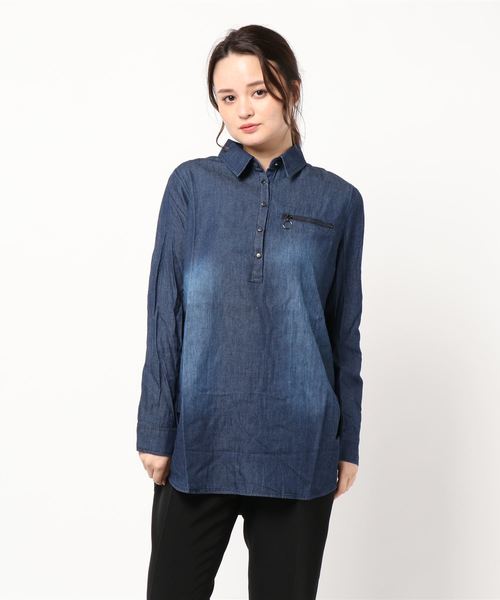 BELLUNA（ベルーナ）の「デニム素材ジッパーデザインチュニック（シャツ/ブラウス・レディース・ケミカルウォッシュ/インディゴブルー/サックスブルー・MEDIUM/LARGE/XX-LARGE/X-LARGE）」の8枚目の写真