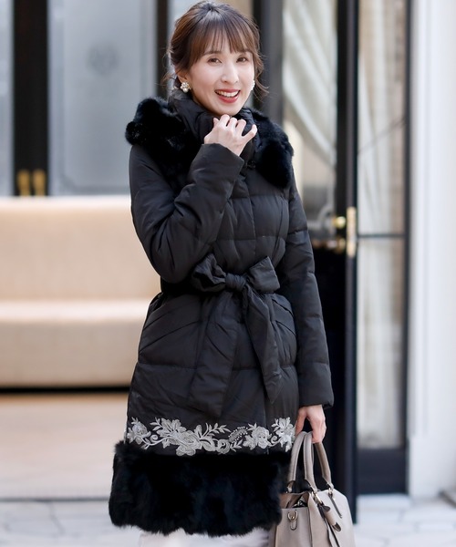 ラビットファーフードロングダウンコートキルティング素材