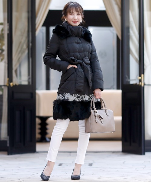 ラビットファーフードロングダウンコートキルティング素材