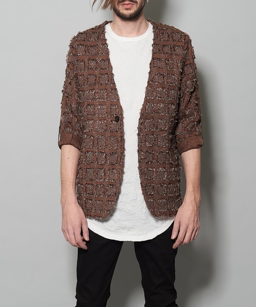 NO ID.（ノーアイディ）の「フリンジチェックノーカラー9分袖1B-JKT 