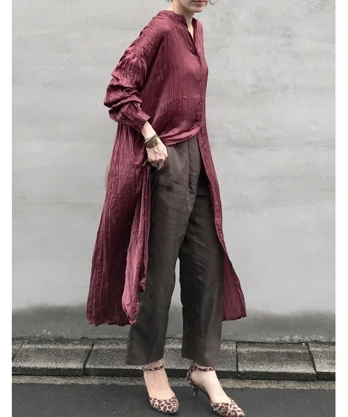 ワッシャー加工サテンバンドカラーシャツワンピース