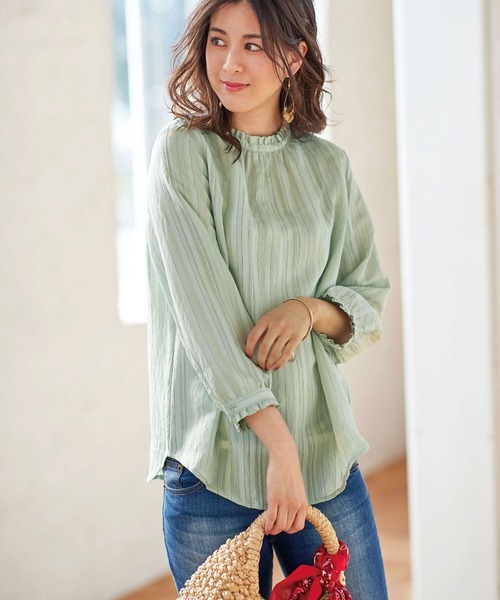 BELLUNA PLUS（ベルーナ）の「ドビーストライプフリルデザインブラウス（シャツ/ブラウス・レディース・チャコール/オフホワイト/ライトグリーン・MEDIUM/LARGE/X-LARGE）」の12枚目の写真