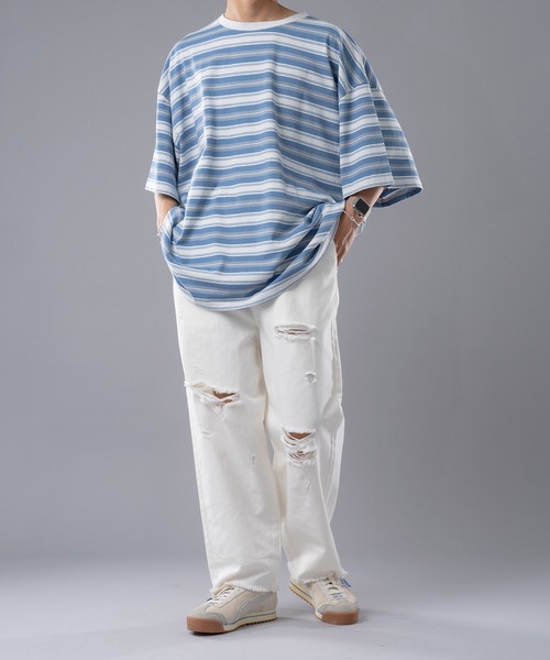 kutir（クティール）の「ダメージデニムワイドストレートパンツ（デニムパンツ・メンズ・ライトブルー/ブラック/オフホワイト・SMALL/MEDIUM/LARGE）」の8枚目の写真