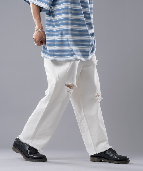 kutir（クティール）の「ダメージデニムワイドストレートパンツ（デニムパンツ・メンズ・ライトブルー/ブラック/オフホワイト・SMALL/MEDIUM/LARGE）」の21枚目の写真