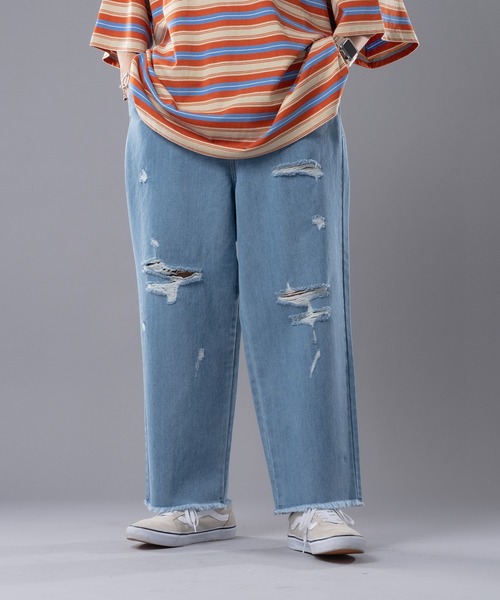 kutir（クティール）の「ダメージデニムワイドストレートパンツ（デニムパンツ・メンズ・ライトブルー/ブラック/オフホワイト・SMALL/MEDIUM/LARGE）」の14枚目の写真