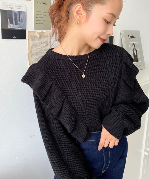 セール】【累計販売枚数2万枚突破！】ショルダーフリルニットプル