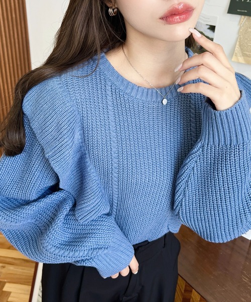 MORABITO フリルニットセーター　七分袖 38 MORABITO(モラビト) 七分袖セーター サイズ38 M レディース - ベージュ