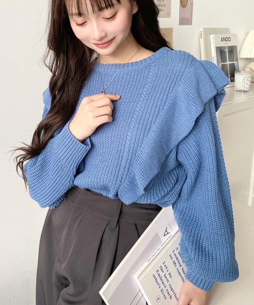 セール】【累計販売枚数2万枚突破！】ショルダーフリルニットプル