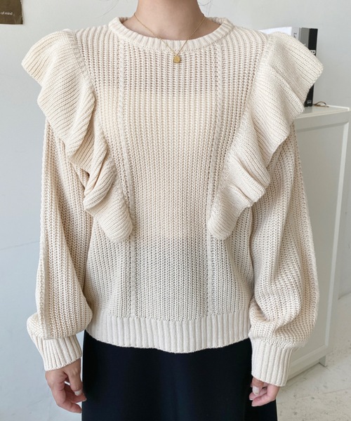 セール】【累計販売枚数2万枚突破！】ショルダーフリルニットプル