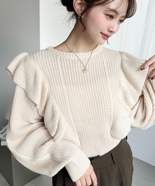 セール】【累計販売枚数2万枚突破！】ショルダーフリルニットプル