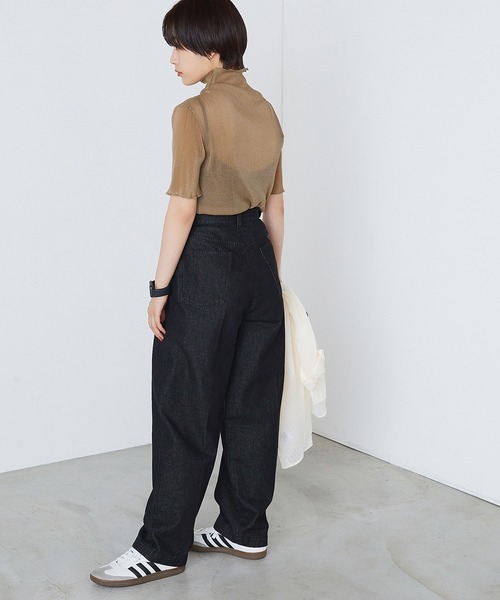 forksy.】シアープリーツハイネックメロー半袖トップス forksy