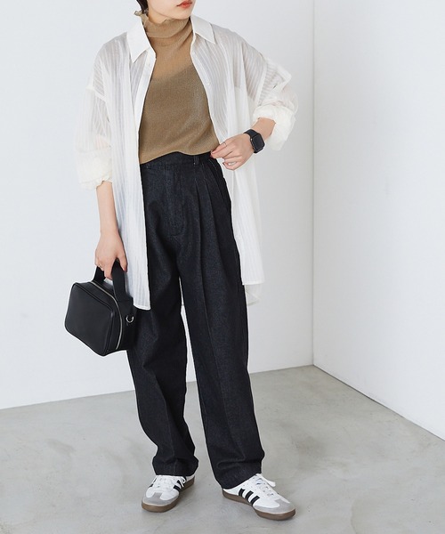 forksy.】シアープリーツハイネックメロー半袖トップス forksy