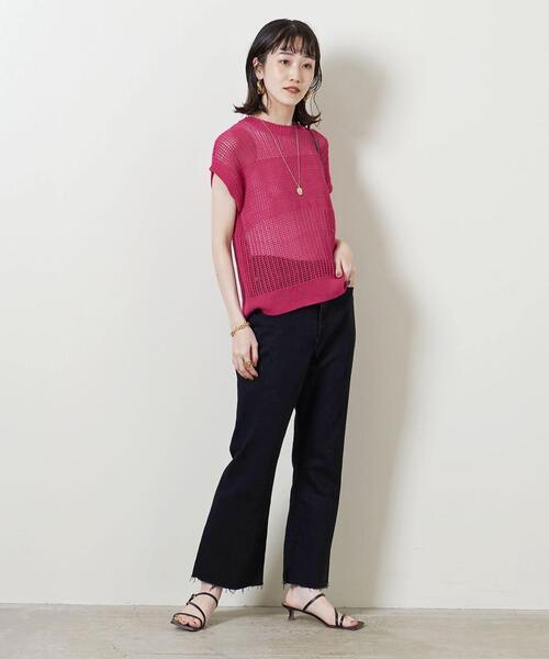 UNITED ARROWS（ユナイテッドアローズ）の「UWSC C/LI メッシュ フレンチスリーブ ニット◆（ニット/セーター・レディース・ダークブラウン/オフホワイト/ピンク・FREE）」の9枚目の写真