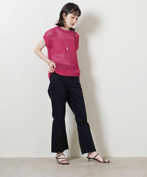 UNITED ARROWS（ユナイテッドアローズ）の「UWSC C/LI メッシュ フレンチスリーブ ニット◆（ニット/セーター・レディース・ダークブラウン/オフホワイト/ピンク・FREE）」の10枚目の写真