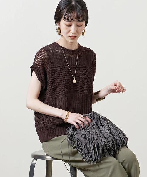 UNITED ARROWS（ユナイテッドアローズ）の「UWSC C/LI メッシュ フレンチスリーブ ニット◆（ニット/セーター・レディース・ダークブラウン/オフホワイト/ピンク・FREE）」の11枚目の写真