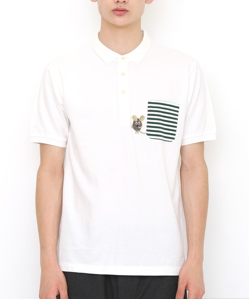 Design Tshirts Store graniph（デザイン　ティーシャツ　ストア　グラニフ）の「スマイリーフレデリックエンブロイダリー (レオレオニ) ｜コラボ刺繍ポロシャツ（ポロシャツ・メンズ・オフホワイト・MEDIUM/SMALL/LARGE/X-SMALL）」の3枚目の写真