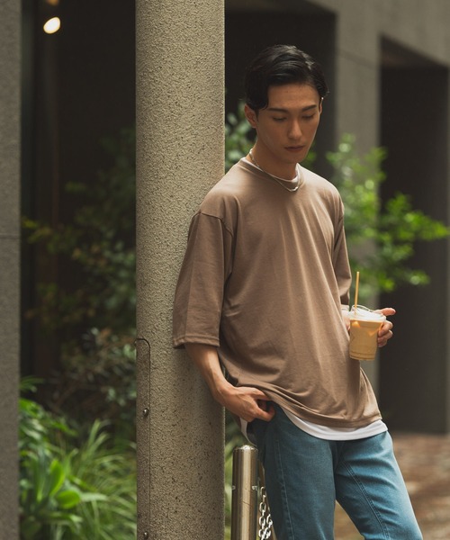 Blue Standard (ブルースタンダード)の「【BLUE STANDARD/ブルースタンダード】大きすぎないゆったりシルエット(ビッグシルエット) フェイクレイヤード5分袖Tシャツ(Tシャツ/カットソー・メンズ・ホワイト/ネイビー/オリーブ/ベージュ/ブラック/ブラウン・LARGE/MEDIUM/X-LARGE)」の3枚目の写真