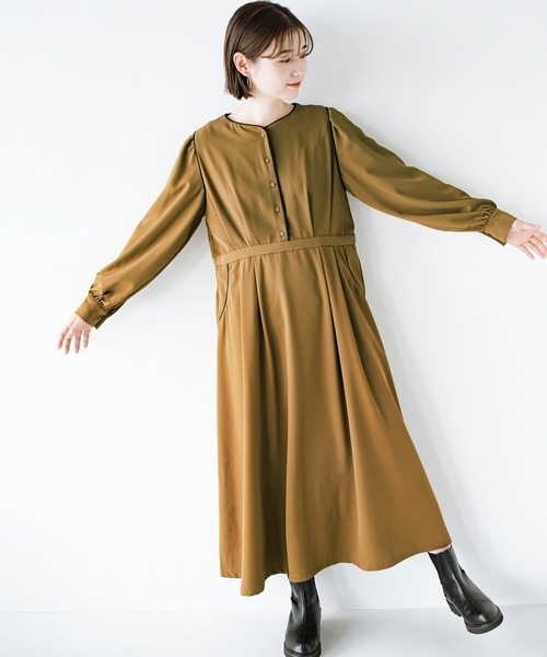 haco!（ハコ）の「【φ】ちょっぴり辛さを添えて大人味。着心地ゆったり見た目はすっきり こだわりバランスのパイピングワンピース（ワンピース・レディース・カーキブラウン/ブルーグリーン・SMALL/MEDIUM/LARGE/X-LARGE）」の13枚目の写真