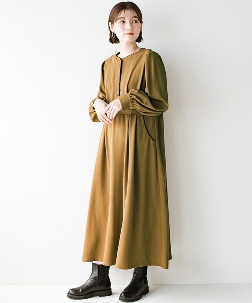 haco!（ハコ）の「【φ】ちょっぴり辛さを添えて大人味。着心地ゆったり見た目はすっきり こだわりバランスのパイピングワンピース（ワンピース・レディース・カーキブラウン/ブルーグリーン・SMALL/MEDIUM/LARGE/X-LARGE）」の21枚目の写真