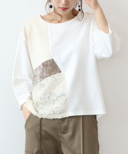 Three Four Time(スリーフォータイム)の「異素材切替プルオーバー(その他トップス・レディース・ブラック/アイボリー・FREE)」の2枚目の写真