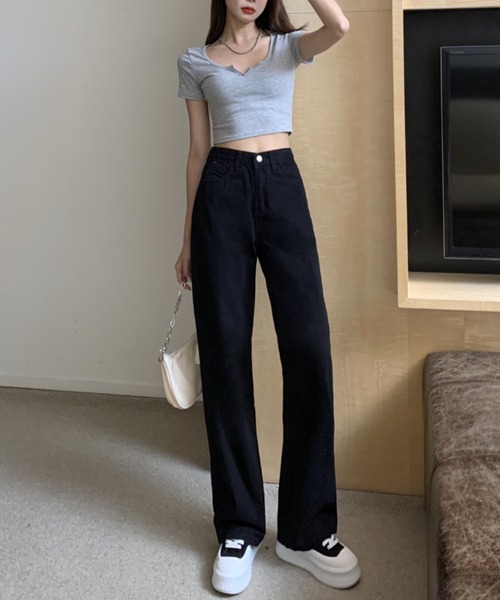 セール】ハイウエスト セミワイドデニム カラーパンツ（デニムパンツ  