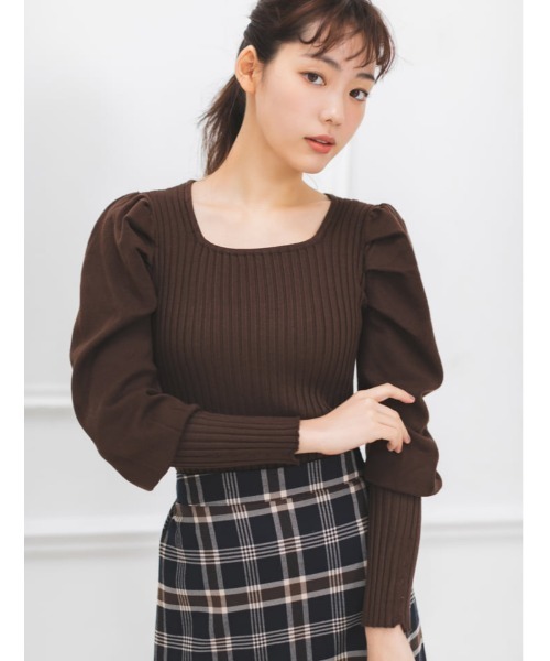 fifth calin(フィフスカラン)の「パフスリーブリブニット(ニット/セーター・レディース・ブラック/ブラウン・MEDIUM)」の1枚目の写真