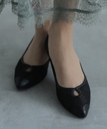 PourVous | レース＆サテンローヒールパンプス フォーマル オケージョン 結婚式 二次会 お呼ばれ(パンプス)