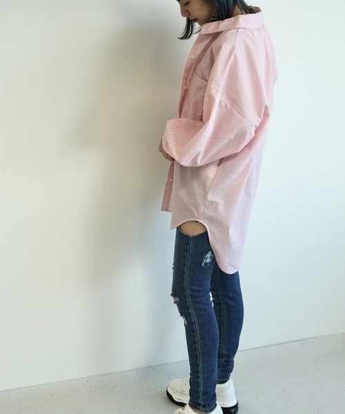 CECIL McBEE（セシルマクビー）の「ストライプBIGシャツ（シャツ/ブラウス・レディース・ベージュ/ピンク/ミント・MEDIUM/LARGE）」の9枚目の写真