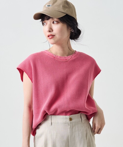 FREAK'S STORE（フリークスストア）の「カラーピグメントワッフルフレンチスリーブTシャツ（Tシャツ/カットソー・レディース・サックスブルー/ピンク/オレンジ/グリーン・ﾌﾘ-）」の4枚目の写真