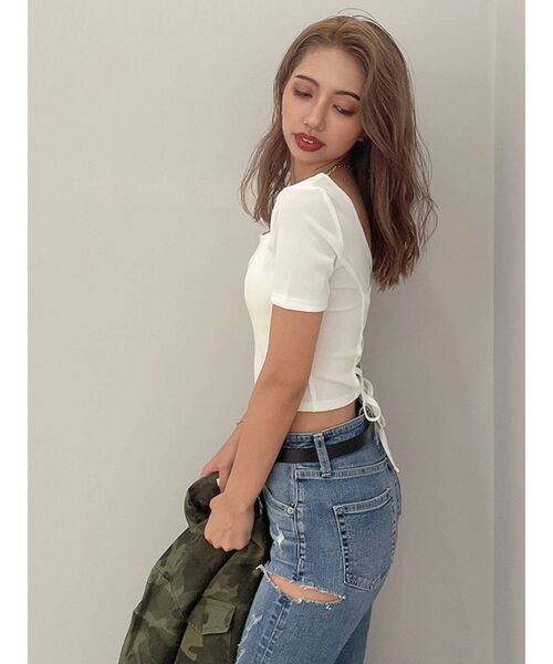 GYDA（ジェイダ）の「BACKクロスレースアップトップス（Tシャツ/カットソー・レディース・オフホワイト/ブラック・FREE）」の5枚目の写真