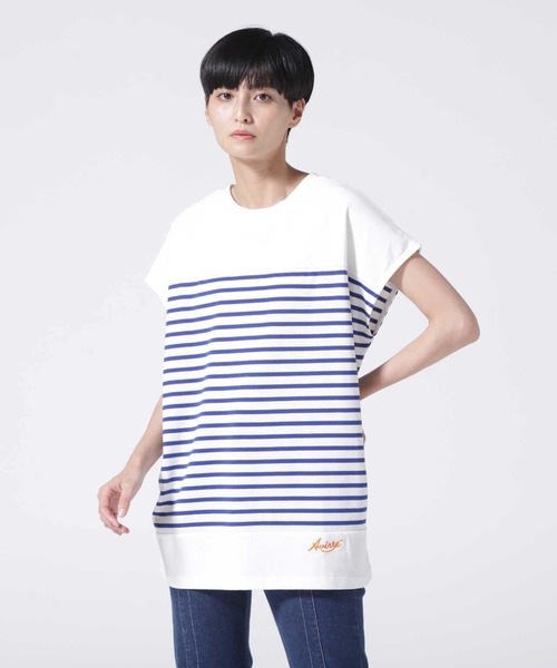 AVIREX（アヴィレックス）の「【直営店限定】MULTI BORDER F/S T-SHIRT/ マルチボーダーフレンチスリーブティーシャツ（Tシャツ/カットソー・レディース・ブルー/グリーン・FREE）」の2枚目の写真