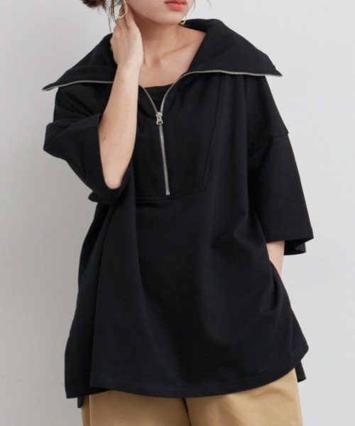 Libra Cue(リブラ キュー)の「“ハーフジップセーラーカットソー” トレンドのデザインながらLibra Cueらしいリラックス感を演出、ゆったりシルエットのプルオーバー(Tシャツ/カットソー・レディース・ライトグレー/ブラック・FREE)」の1枚目の写真