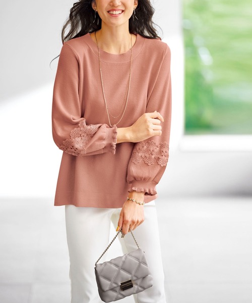 セール】袖レースデザインニットプルオーバー（ニット/セーター