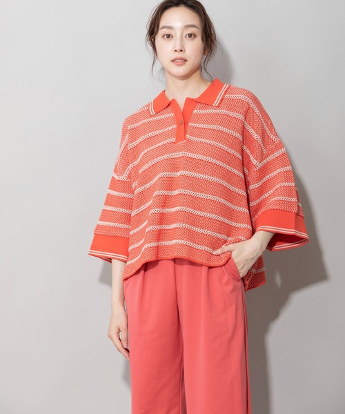 Munich(ミューニック)の「7GGメッシュ編みボーダーワイドポロニット(ニット/セーター・レディース・カーキ/ピンク/ブラック・FREE)」の8枚目の写真