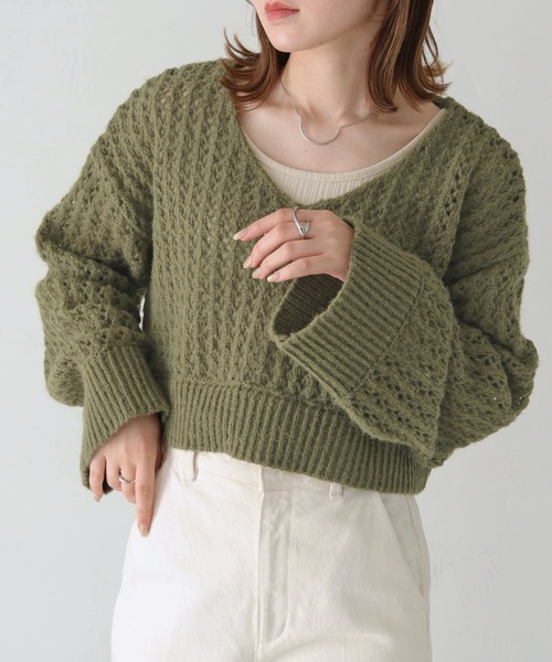 HER CLOSET（ハークローゼット）の「【shemoshelly】WEB限定モヘアタッチメッシュショート丈ニット（ニット/セーター・レディース・アイボリー/カーキ/ベージュ/ブラック・M）」の4枚目の写真