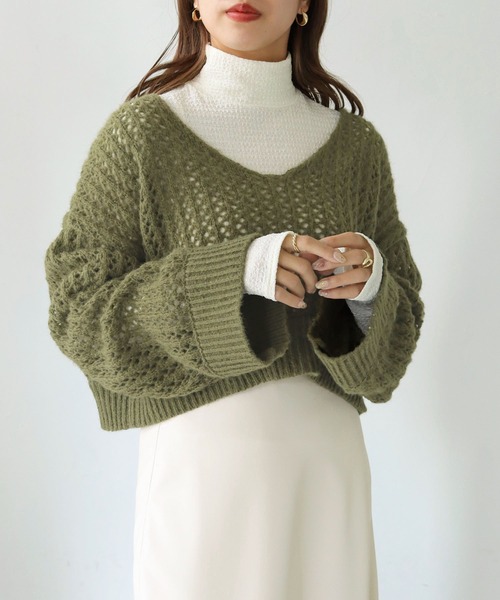 HER CLOSET（ハークローゼット）の「【shemoshelly】WEB限定モヘアタッチメッシュショート丈ニット（ニット/セーター・レディース・アイボリー/カーキ/ベージュ/ブラック・M）」の6枚目の写真