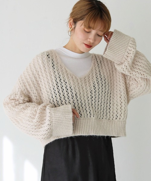 HER CLOSET（ハークローゼット）の「【shemoshelly】WEB限定モヘアタッチメッシュショート丈ニット（ニット/セーター・レディース・アイボリー/カーキ/ベージュ/ブラック・M）」の7枚目の写真