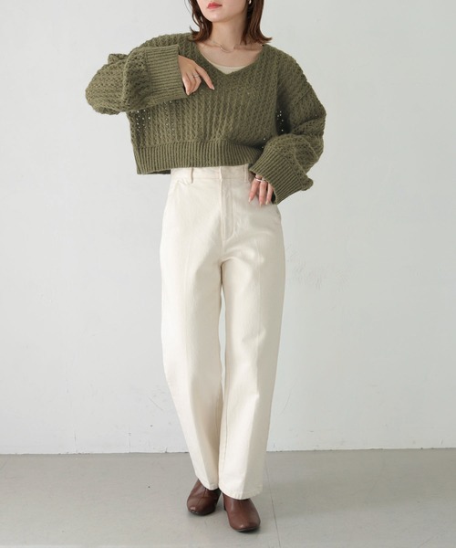 HER CLOSET（ハークローゼット）の「【shemoshelly】WEB限定モヘアタッチメッシュショート丈ニット（ニット/セーター・レディース・アイボリー/カーキ/ベージュ/ブラック・M）」の11枚目の写真