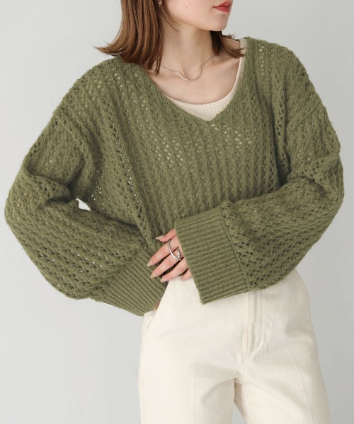 HER CLOSET（ハークローゼット）の「【shemoshelly】WEB限定モヘアタッチメッシュショート丈ニット（ニット/セーター・レディース・アイボリー/カーキ/ベージュ/ブラック・M）」の17枚目の写真