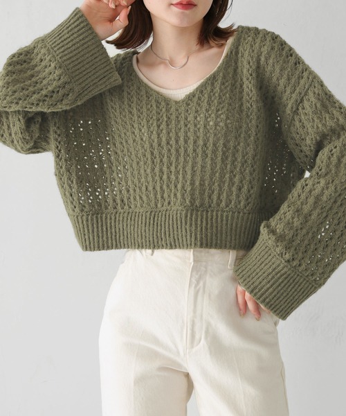 HER CLOSET（ハークローゼット）の「【shemoshelly】WEB限定モヘアタッチメッシュショート丈ニット（ニット/セーター・レディース・アイボリー/カーキ/ベージュ/ブラック・M）」の8枚目の写真