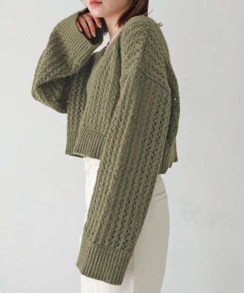 HER CLOSET（ハークローゼット）の「【shemoshelly】WEB限定モヘアタッチメッシュショート丈ニット（ニット/セーター・レディース・アイボリー/カーキ/ベージュ/ブラック・M）」の9枚目の写真