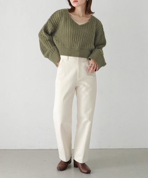 HER CLOSET（ハークローゼット）の「【shemoshelly】WEB限定モヘアタッチメッシュショート丈ニット（ニット/セーター・レディース・アイボリー/カーキ/ベージュ/ブラック・M）」の12枚目の写真