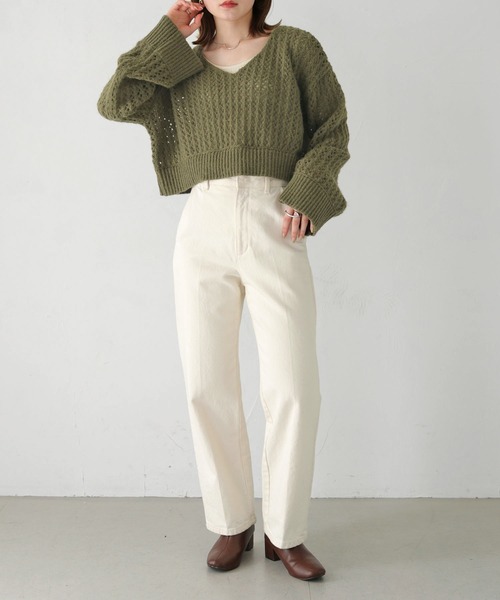 HER CLOSET（ハークローゼット）の「【shemoshelly】WEB限定モヘアタッチメッシュショート丈ニット（ニット/セーター・レディース・アイボリー/カーキ/ベージュ/ブラック・M）」の13枚目の写真