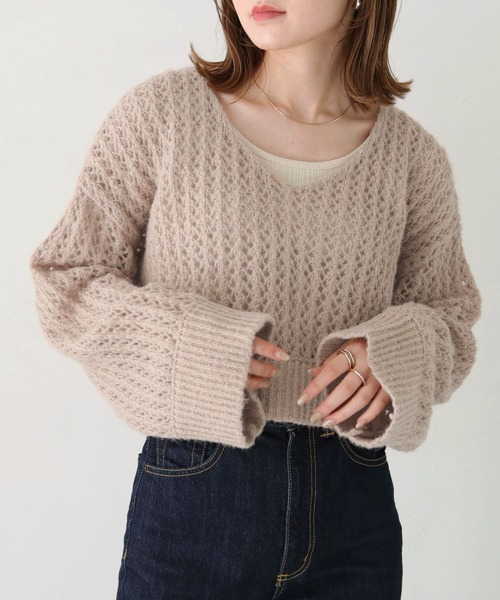 HER CLOSET（ハークローゼット）の「【shemoshelly】WEB限定モヘアタッチメッシュショート丈ニット（ニット/セーター・レディース・アイボリー/カーキ/ベージュ/ブラック・M）」の21枚目の写真