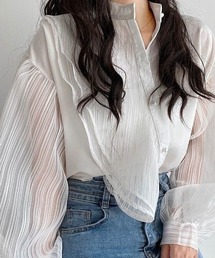 Dalfwin | 2023SS 春新作　韓国ファッション ブラウス レディース　袖シアー切り替えブラウス　ギャザー プリーツ アシンメトリー ボリュームスリーブ トップス　2023SS シアー(シャツ/ブラウス)