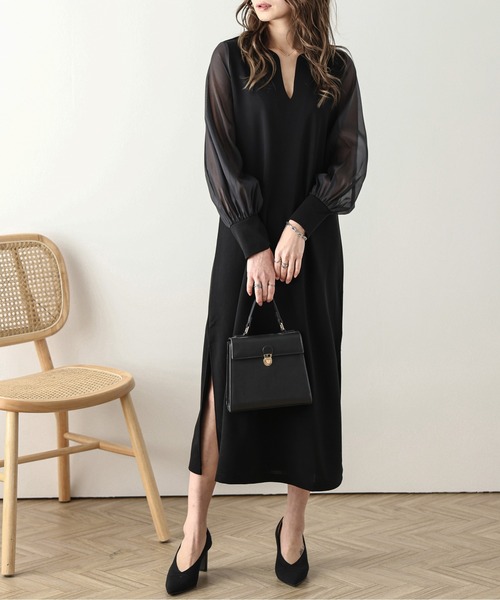 AMELY（エミリー）の「シフォンスリーブワンピース（ワンピース・レディース・ブラック/ベージュ・M/L）」の3枚目の写真