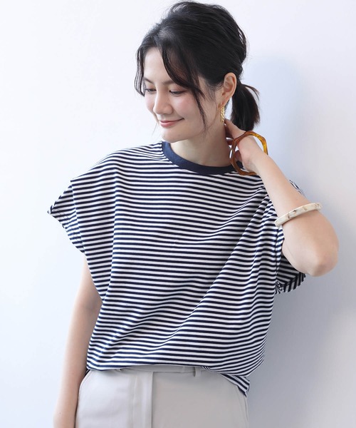Cinderella(シンデレラ)の「トップス Tシャツ レディース ボーダー 袖あり 半袖 ゆったり Uネック レディース トップス カットソー 半袖 コットン UVカット 大きいサイズ ゆったり 春夏 体型カバー 夏 半袖 ティーシャツ Tシャツ レディース(Tシャツ/カットソー・レディース・ブルー系その他/ブラック系その他/グレー系その他/ベージュ系その他/ホワイト/ブラック・MEDIUM)」の10枚目の写真